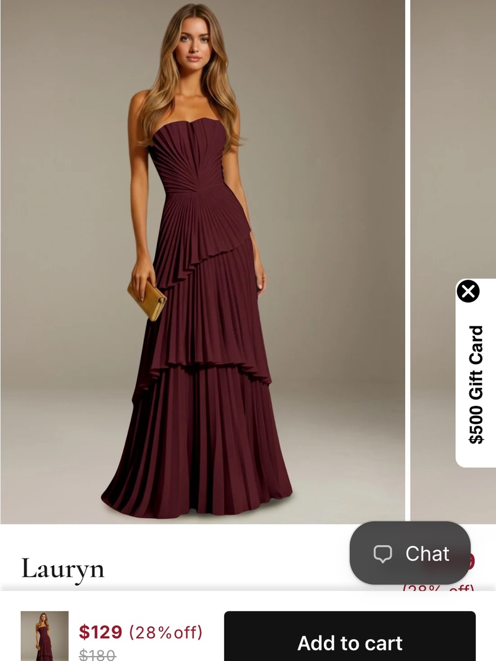 Strapless Burgundy Pleated Evening Gown